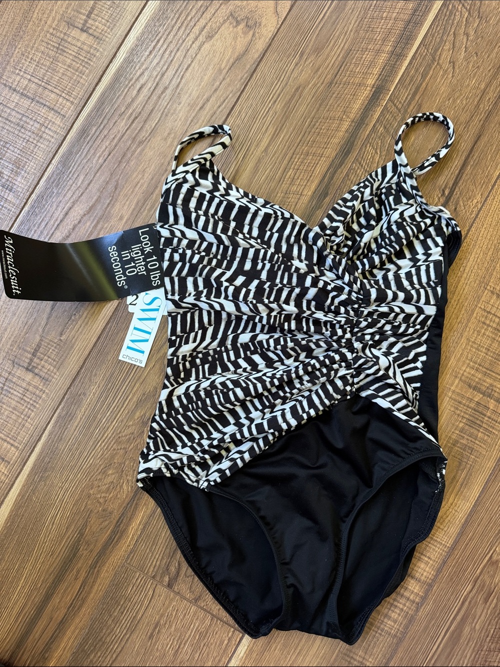 NWT Chico's Black and White Patterned Ruched One-Piece Swimsuit Size 12